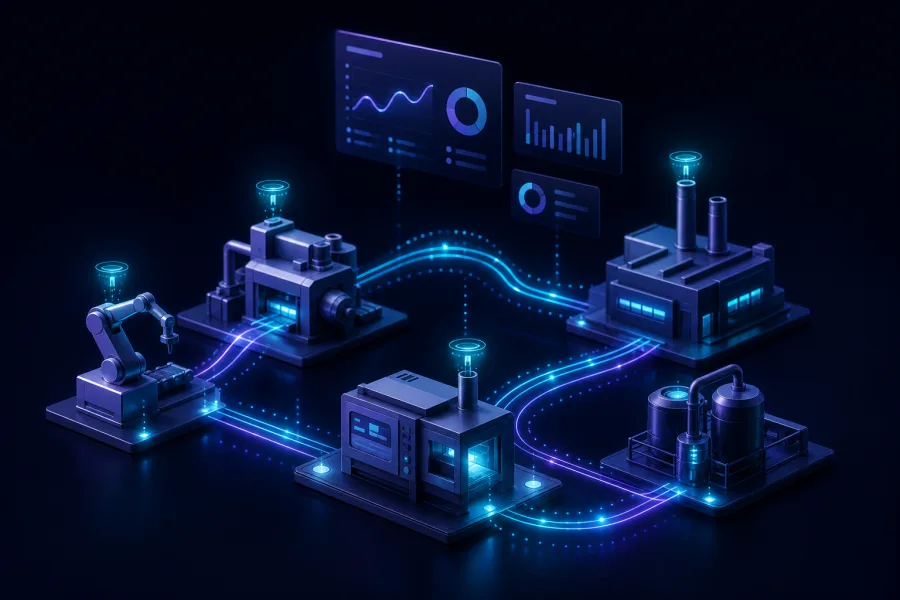 Ilustración abstracta de IoT industrial y monitoreo en tiempo real
